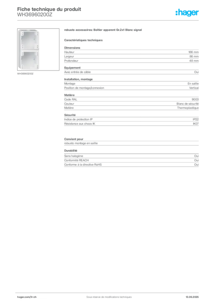 Image Hager Fiche technique du produit WH36960200Z | Hager Suisse