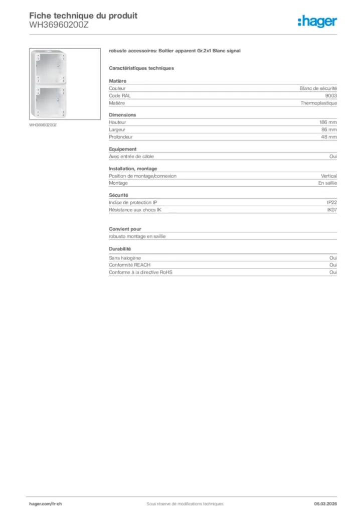 Image Hager Fiche technique du produit WH36960200Z | Hager Suisse