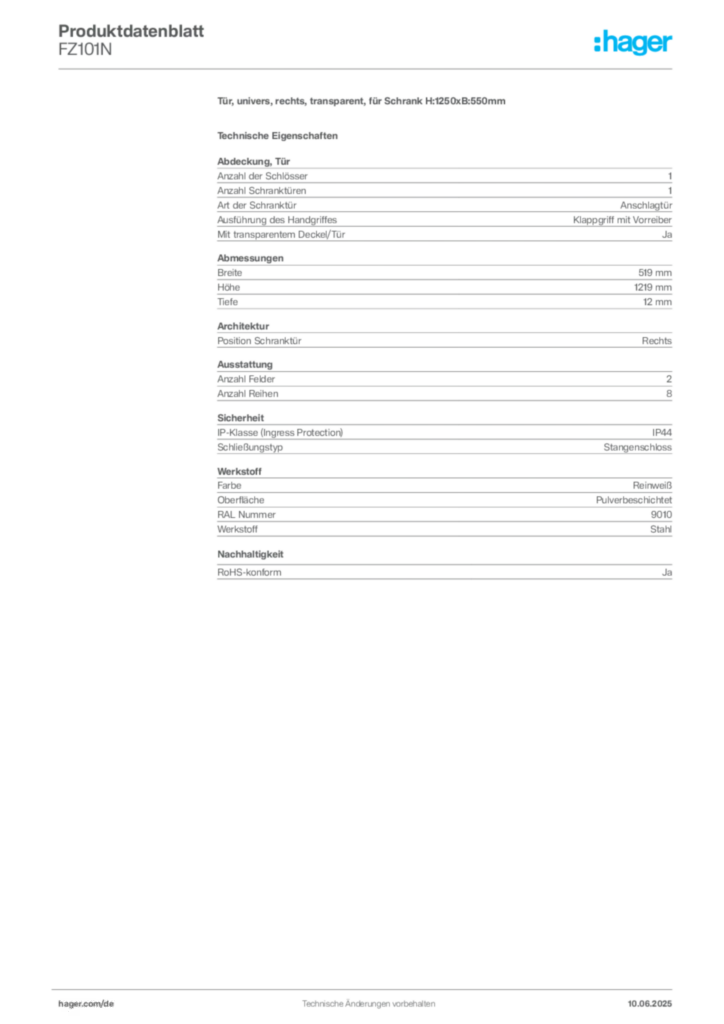 Bild Hager Produktdatenblatt FZ101N | Hager Deutschland