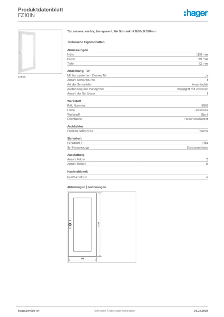Bild Hager Produktdatenblatt FZ101N | Hager Schweiz