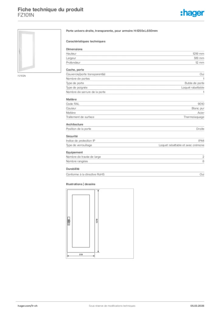 Image Hager Fiche technique du produit FZ101N | Hager Suisse