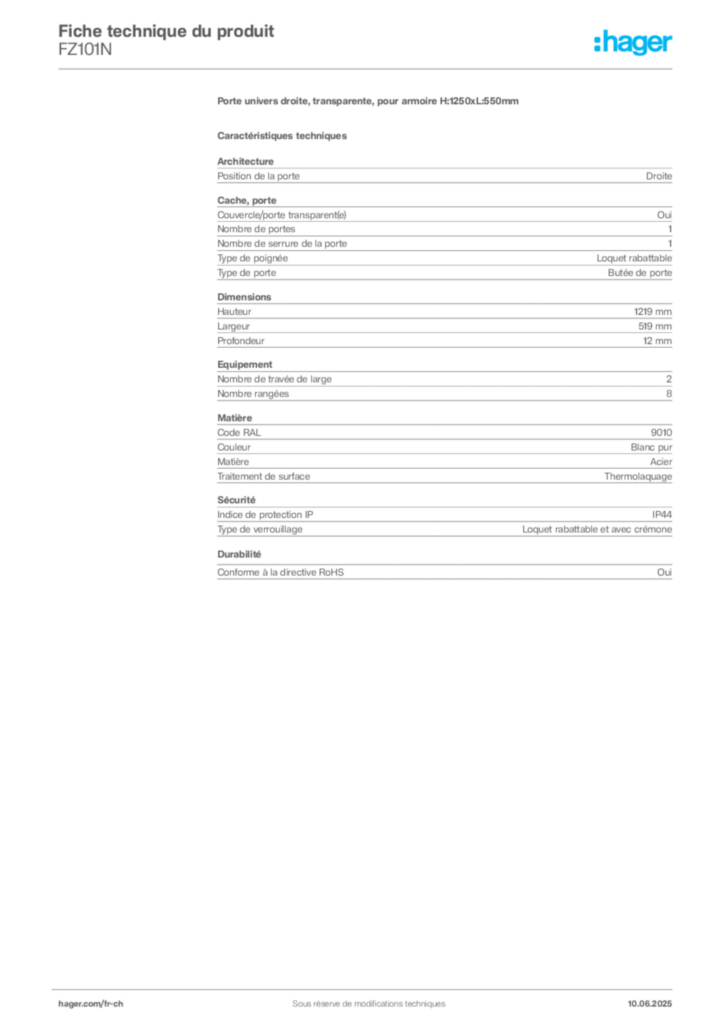 Image Hager Fiche technique du produit FZ101N | Hager Suisse