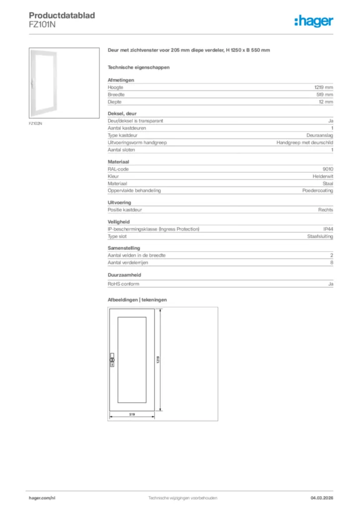 Afbeelding Hager Productdatablad FZ101N | Hager Nederland