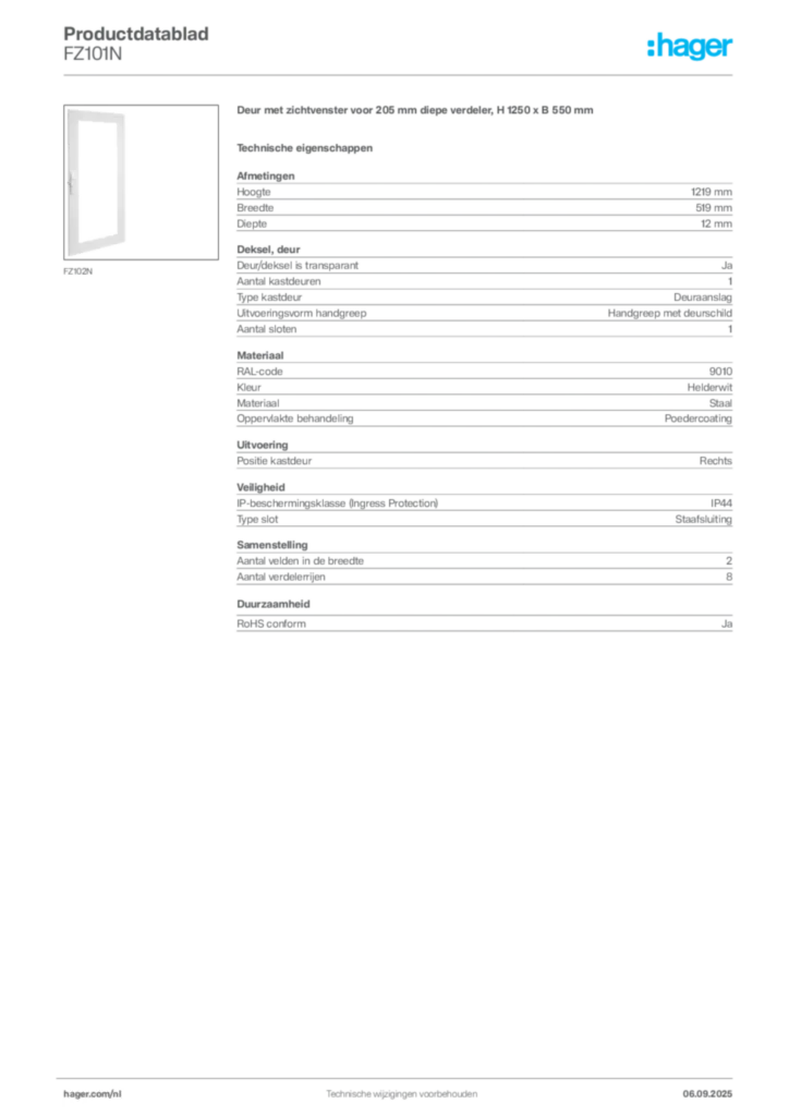 Afbeelding Hager Productdatablad FZ101N | Hager Nederland
