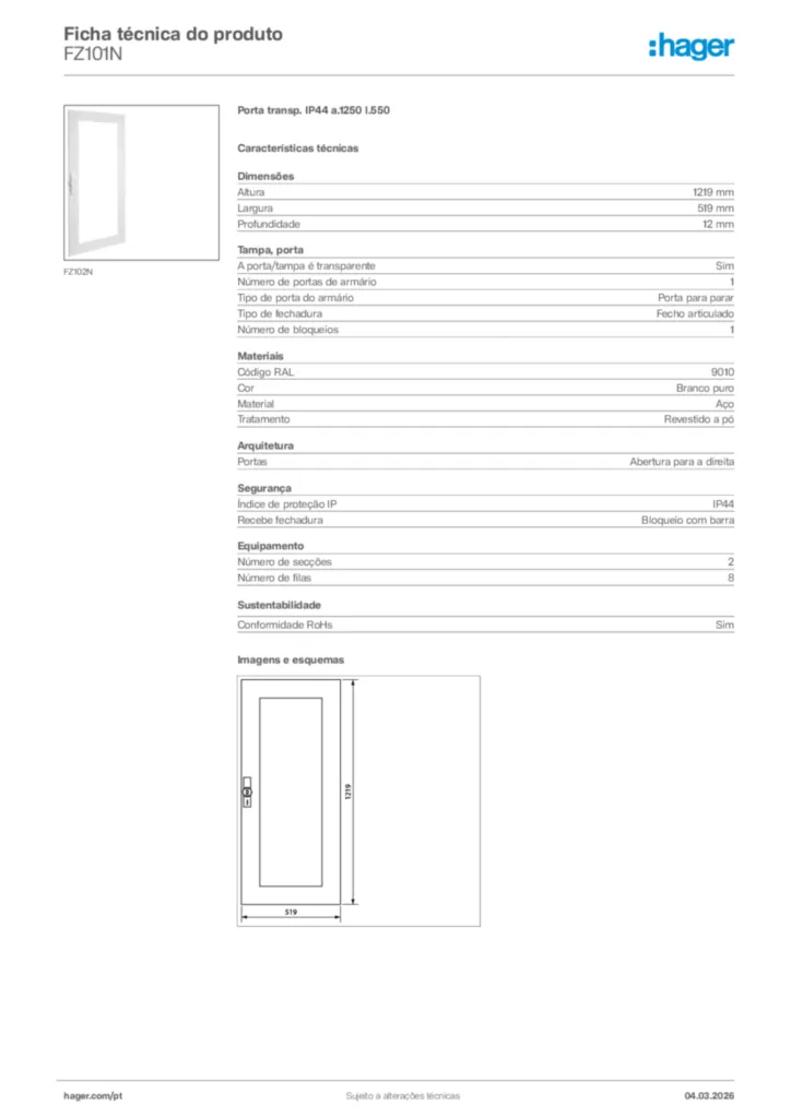 Imagem Hager Ficha técnica do produto FZ101N | Hager Portugal