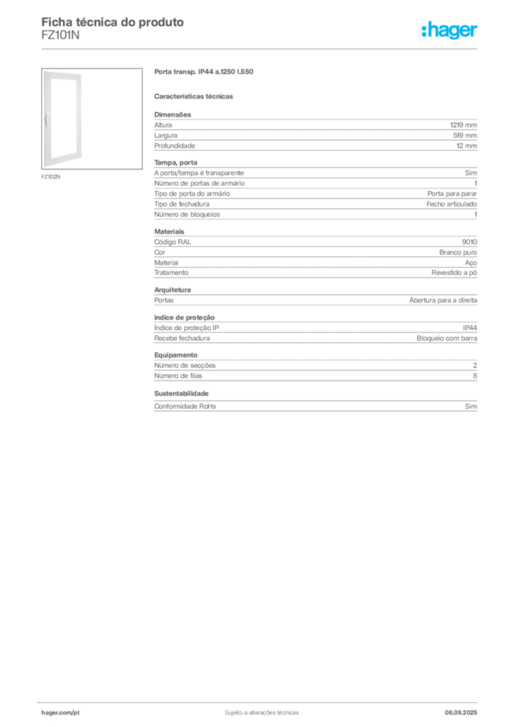Imagem Hager Ficha técnica do produto FZ101N | Hager Portugal