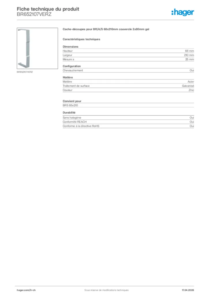 Image Hager Fiche technique du produit BR652107VERZ | Hager Suisse