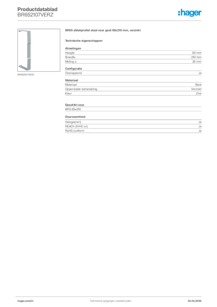 Afbeelding Hager Productdatablad BR652107VERZ | Hager Nederland