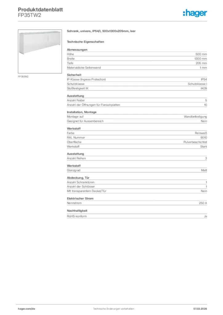 Bild Hager Produktdatenblatt FP35TW2 | Hager Deutschland