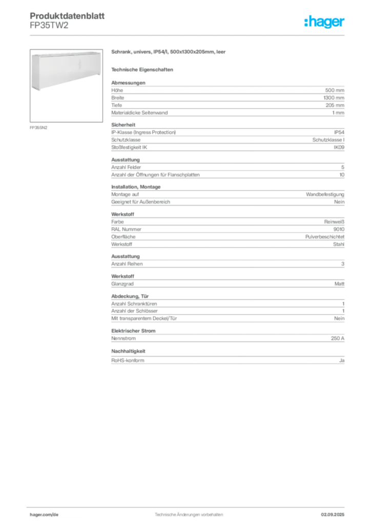 Bild Hager Produktdatenblatt FP35TW2 | Hager Deutschland