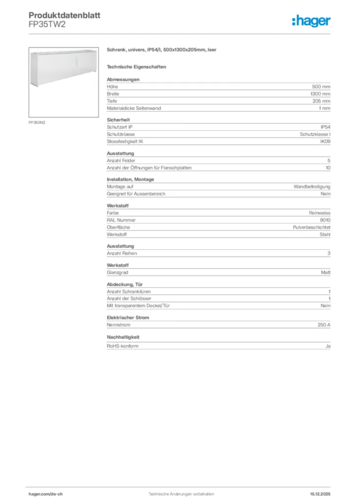 Bild Hager Produktdatenblatt FP35TW2 | Hager Schweiz