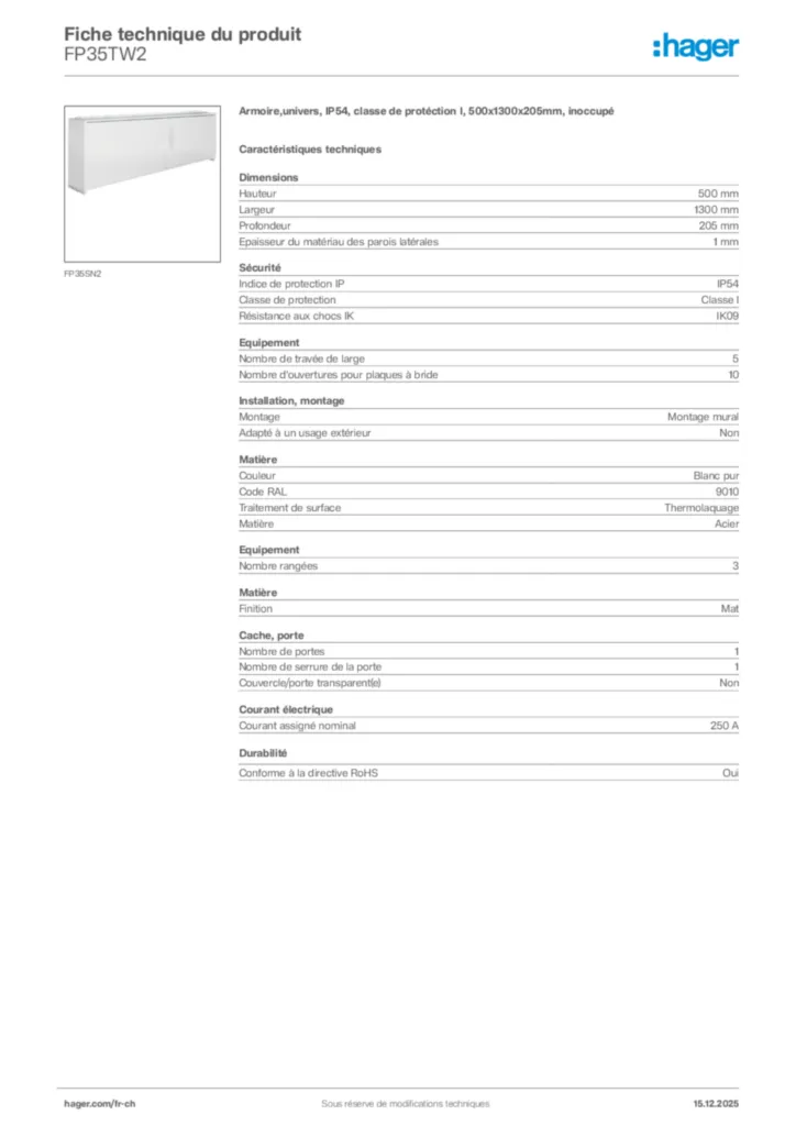 Image Hager Fiche technique du produit FP35TW2 | Hager Suisse