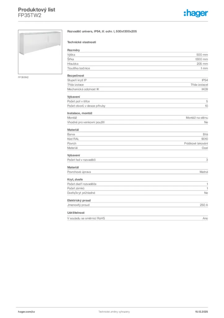 Obrázek Hager Produktový list FP35TW2 | Hager