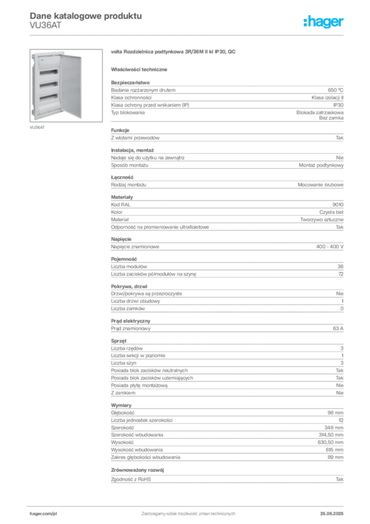 Zdjęcie Hager Dane katalogowe produktu VU36AT | Hager Polska
