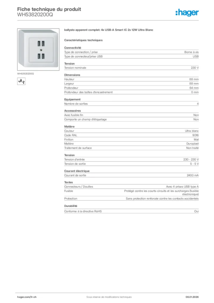 Image Hager Fiche technique du produit WH53820200Q | Hager Suisse