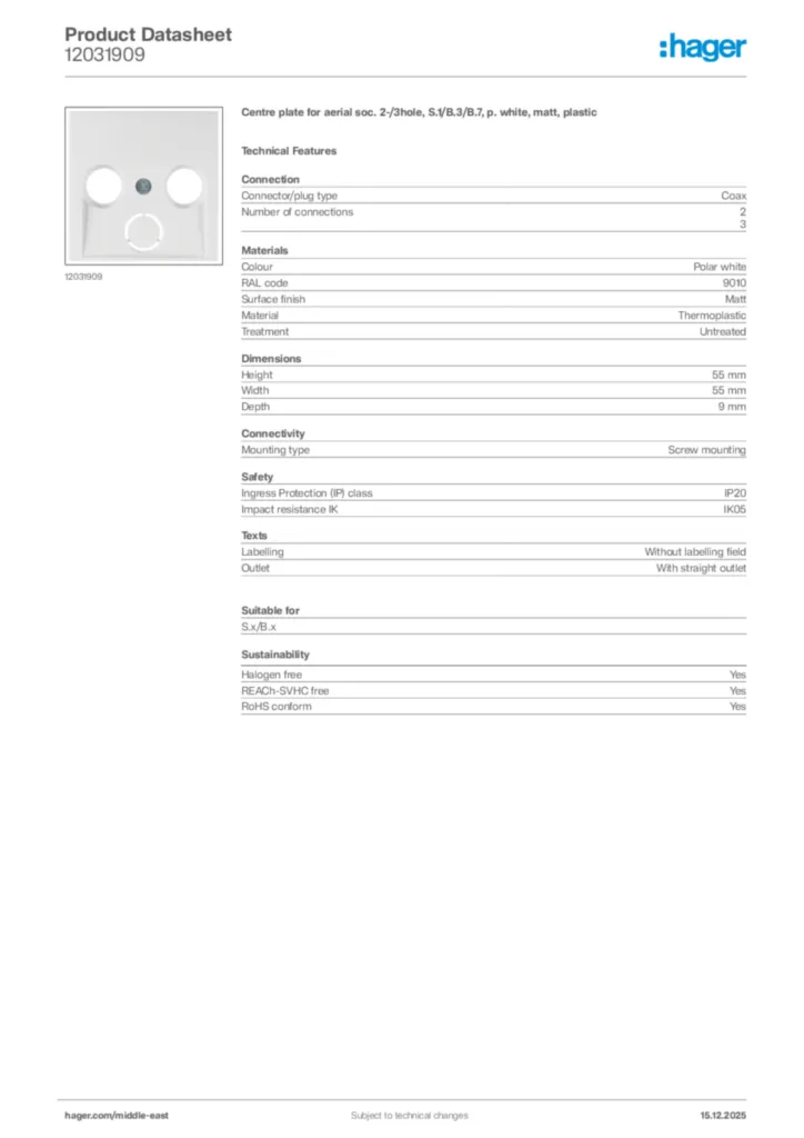Image Hager Product data sheet 12031909  | Hager