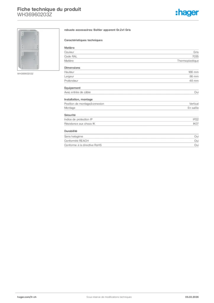 Image Hager Fiche technique du produit WH36960203Z | Hager Suisse