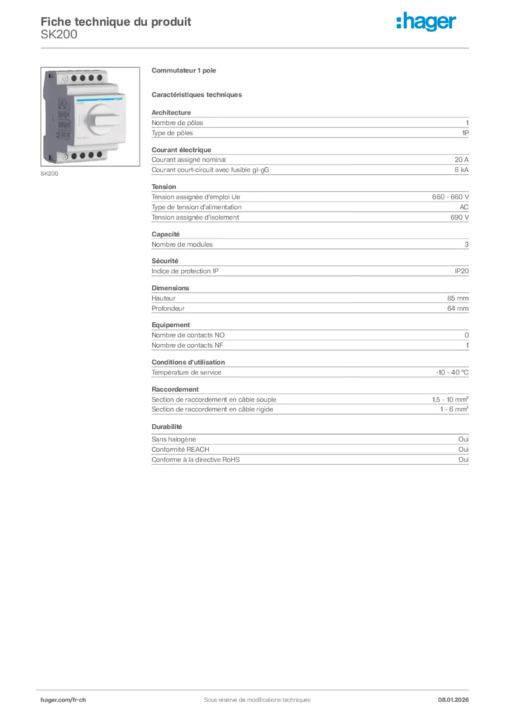Image Hager Fiche technique du produit SK200 | Hager Suisse