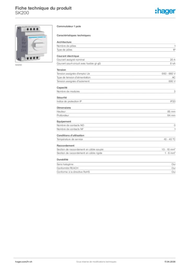 Image Hager Fiche technique du produit SK200 | Hager Suisse