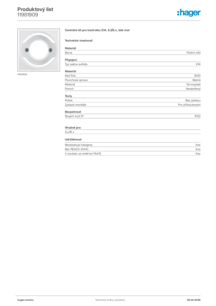 Obrázek Hager Product data sheet 11981909 | Hager
