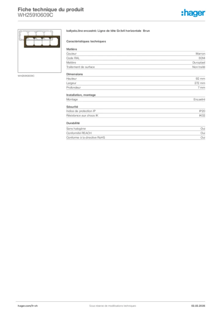Image Hager Fiche technique du produit WH25910609C | Hager Suisse