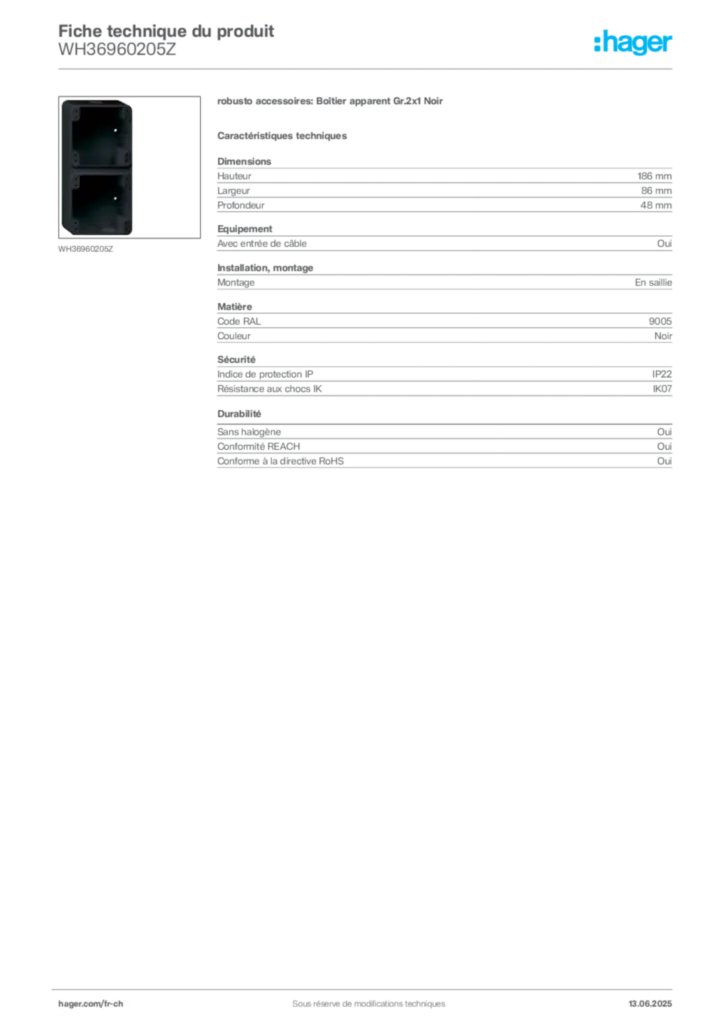 Image Hager Fiche technique du produit WH36960205Z | Hager Suisse