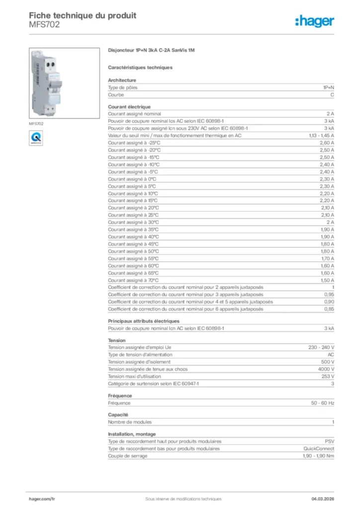 Image Hager Fiche technique du produit MFS702 | Hager France