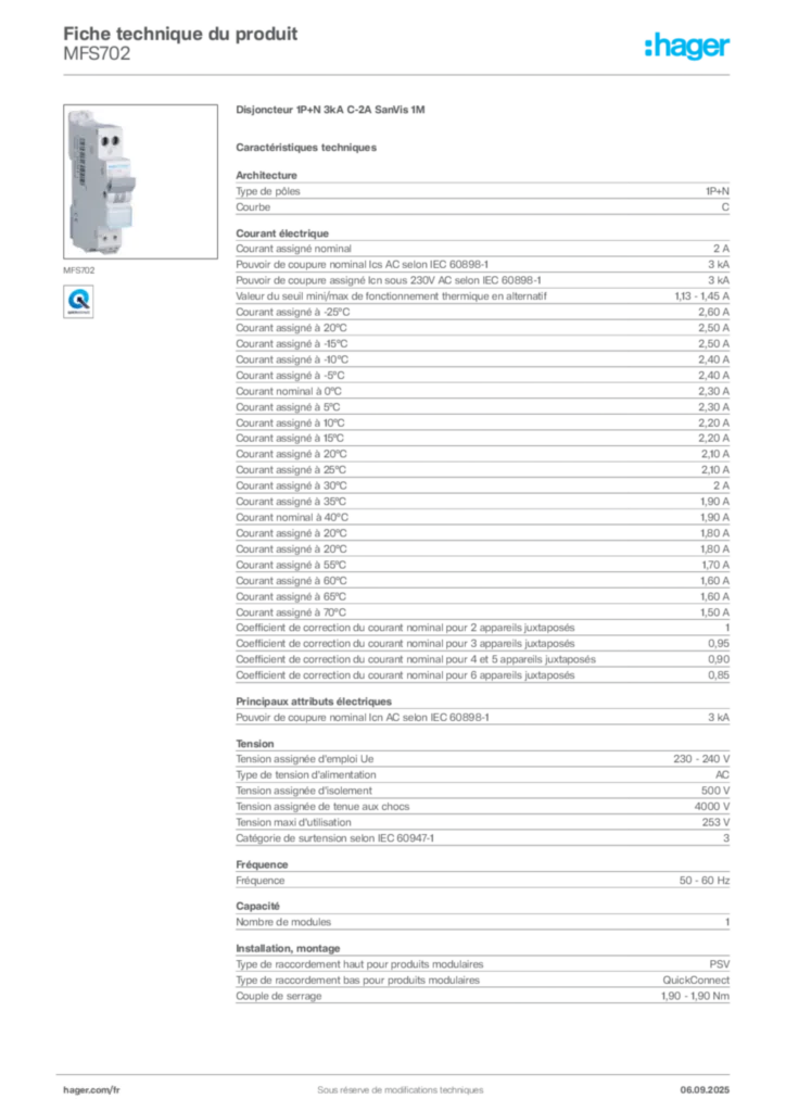 Image Hager Fiche technique du produit MFS702 | Hager France