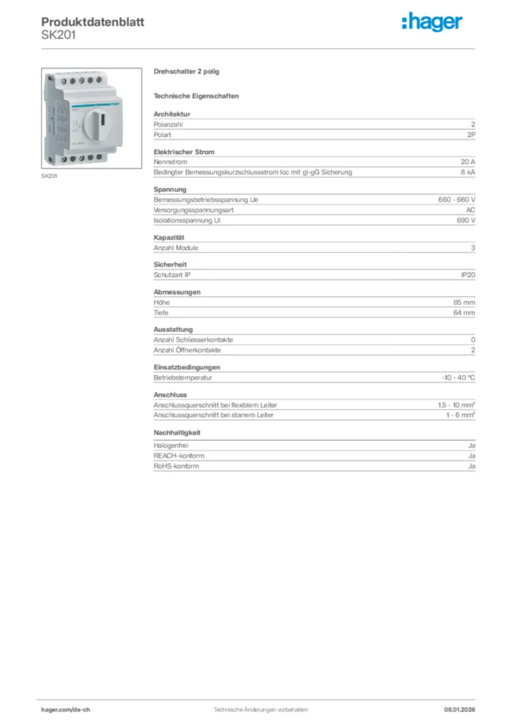 Bild Hager Produktdatenblatt SK201 | Hager Schweiz