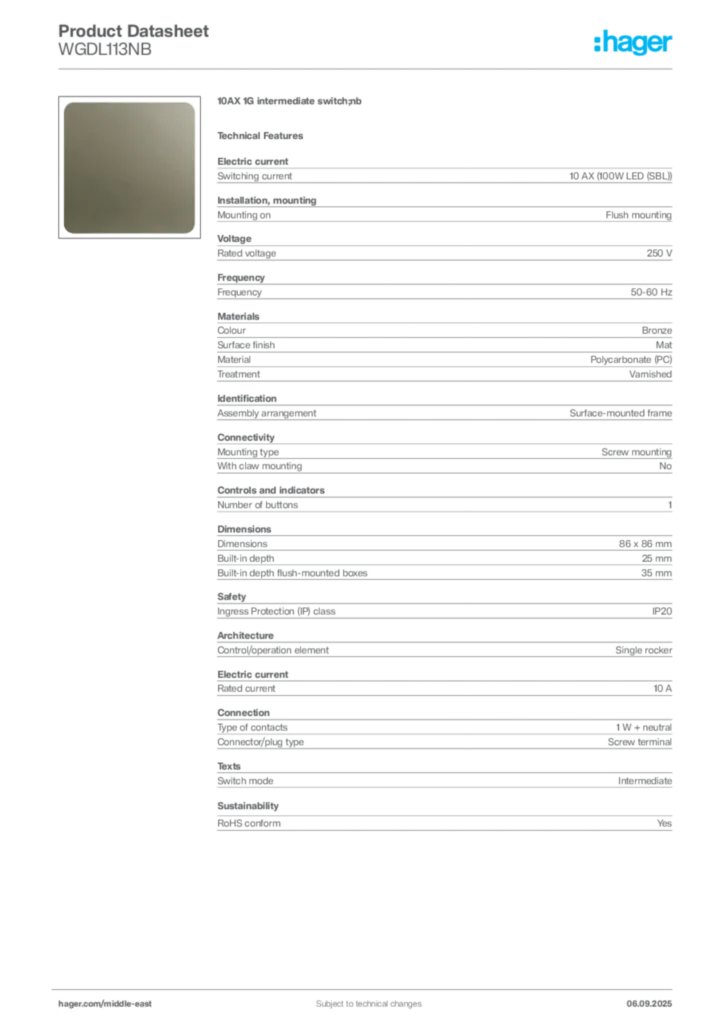 Image Hager Product data sheet WGDL113NB  | Hager