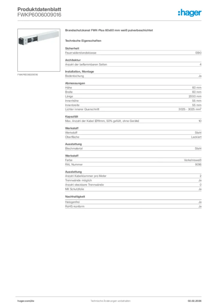 Hager Produktdatenblatt FWKP6006009016