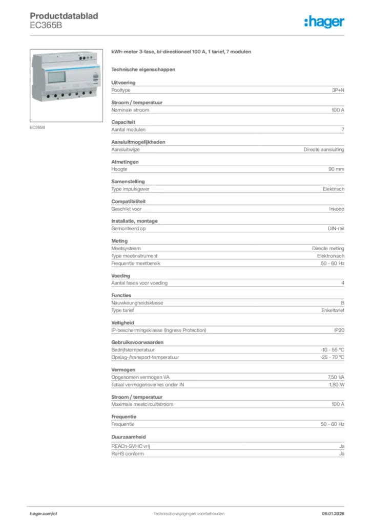 Afbeelding Hager Productdatablad EC365B | Hager Nederland