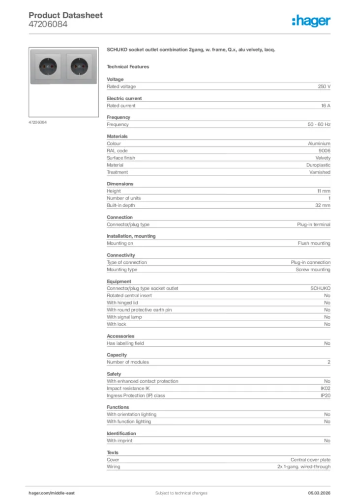 Image Hager Product data sheet 47206084  | Hager