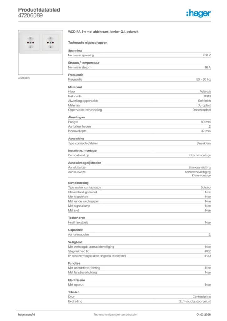 Afbeelding Hager Productdatablad 47206089 | Hager Nederland