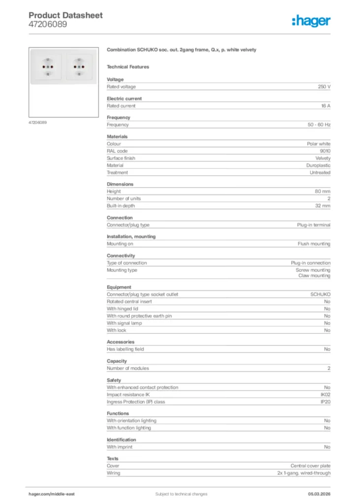 Image Hager Product data sheet 47206089  | Hager