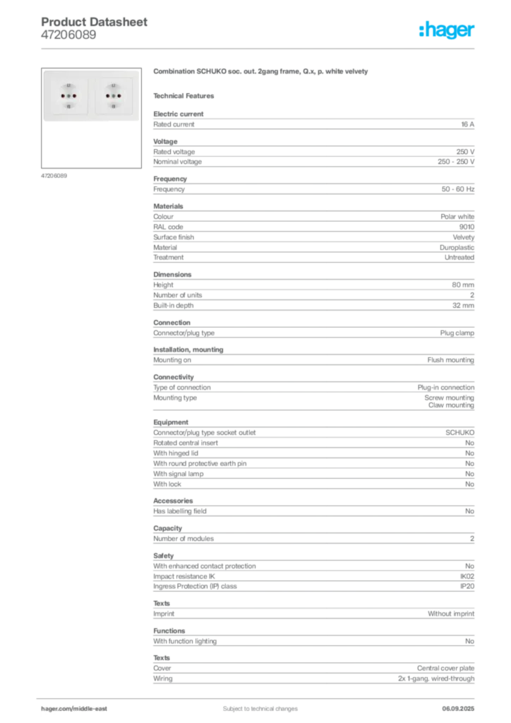 Image Hager Product data sheet 47206089  | Hager