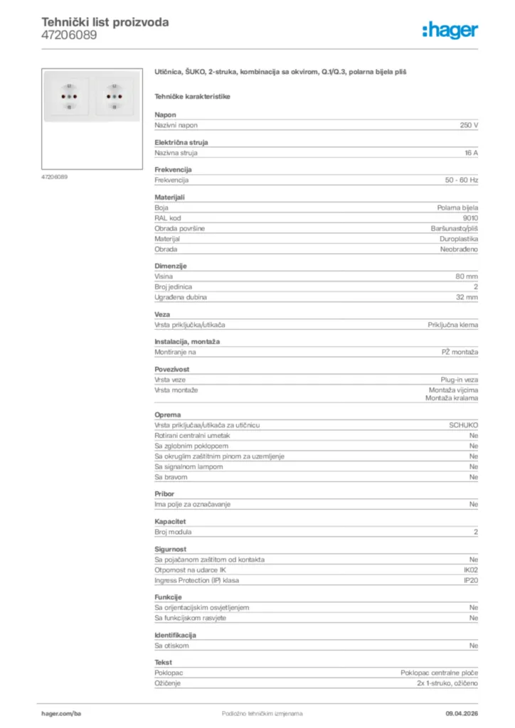 Slika Hager Tehnički list proizvoda 47206089  | Hager