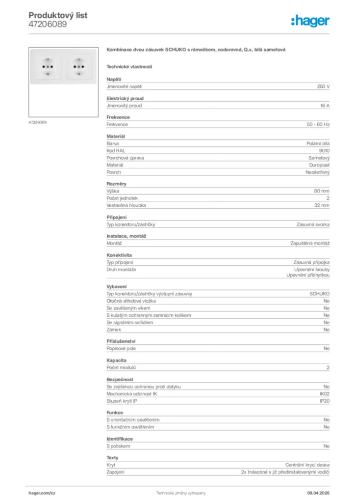 Obrázek Hager Product data sheet 47206089 | Hager