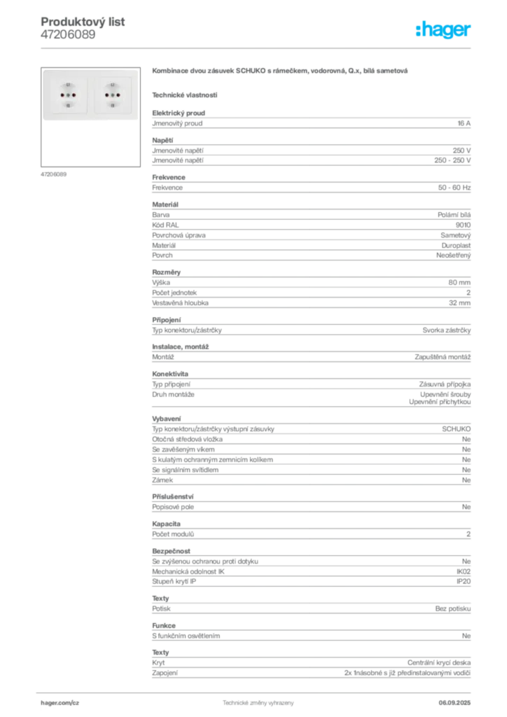 Obrázek Hager Produktový list 47206089 | Hager