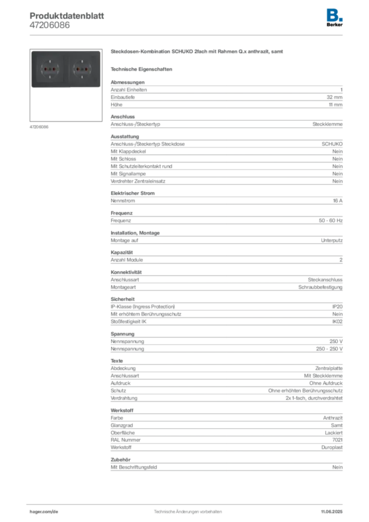 Bild Berker Produktdatenblatt 47206086 | Hager Deutschland