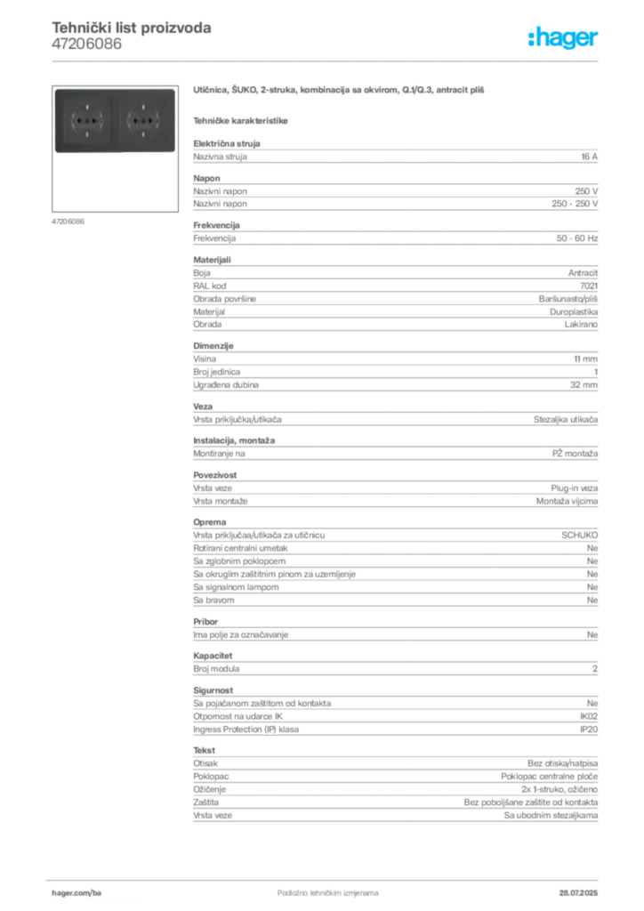 Slika Hager Product data sheet 47206086  | Hager