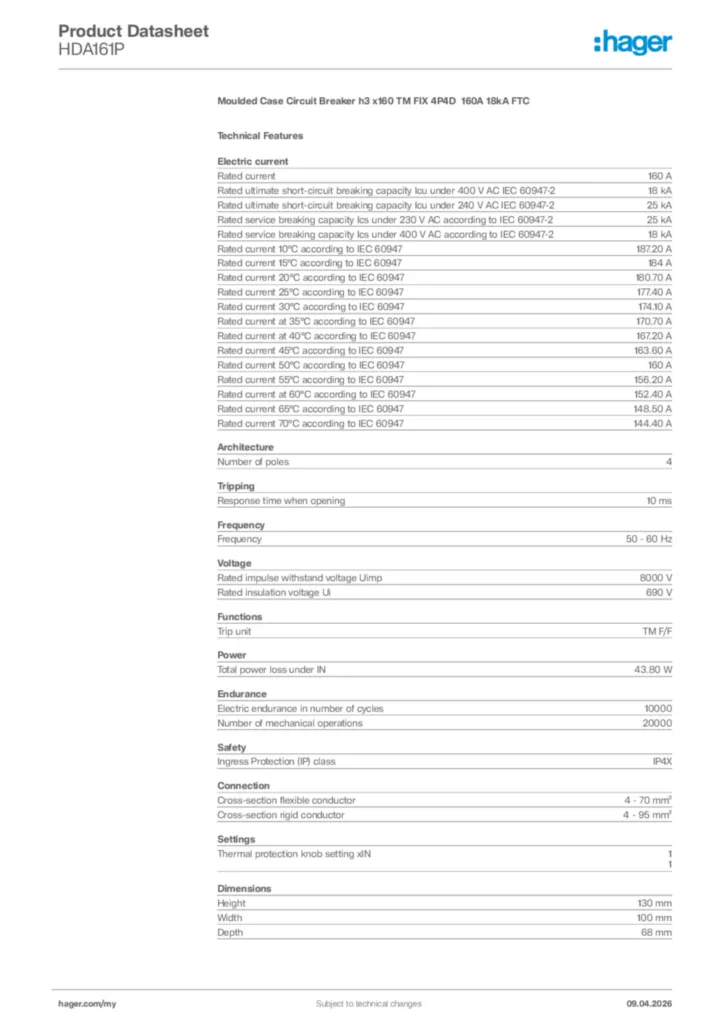 Image Hager Product data sheet HDA161P  | Hager