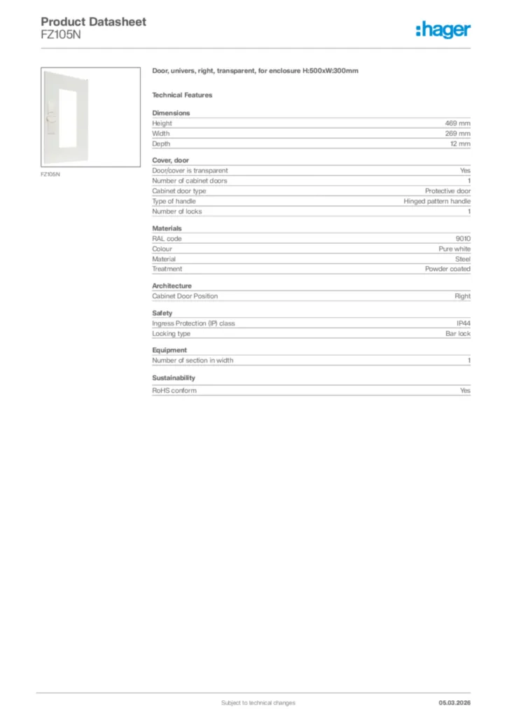 Image Hager Product data sheet FZ105N  | Hager Africa