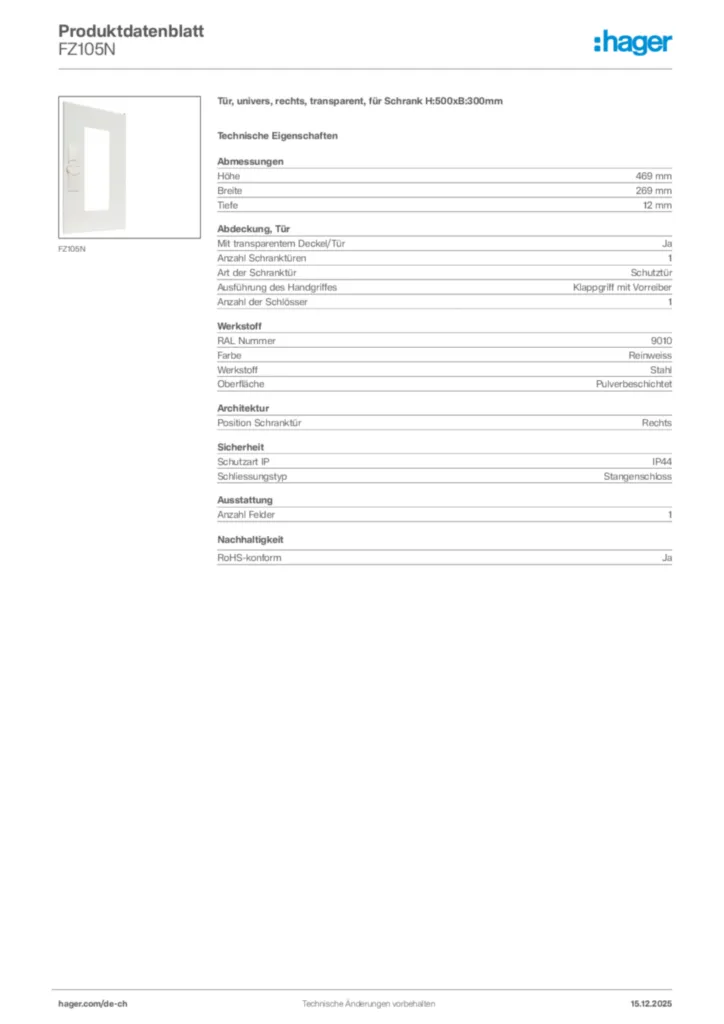 Bild Hager Produktdatenblatt FZ105N | Hager Schweiz