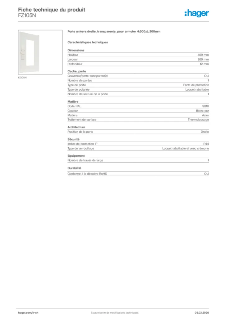 Image Hager Fiche technique du produit FZ105N | Hager Suisse