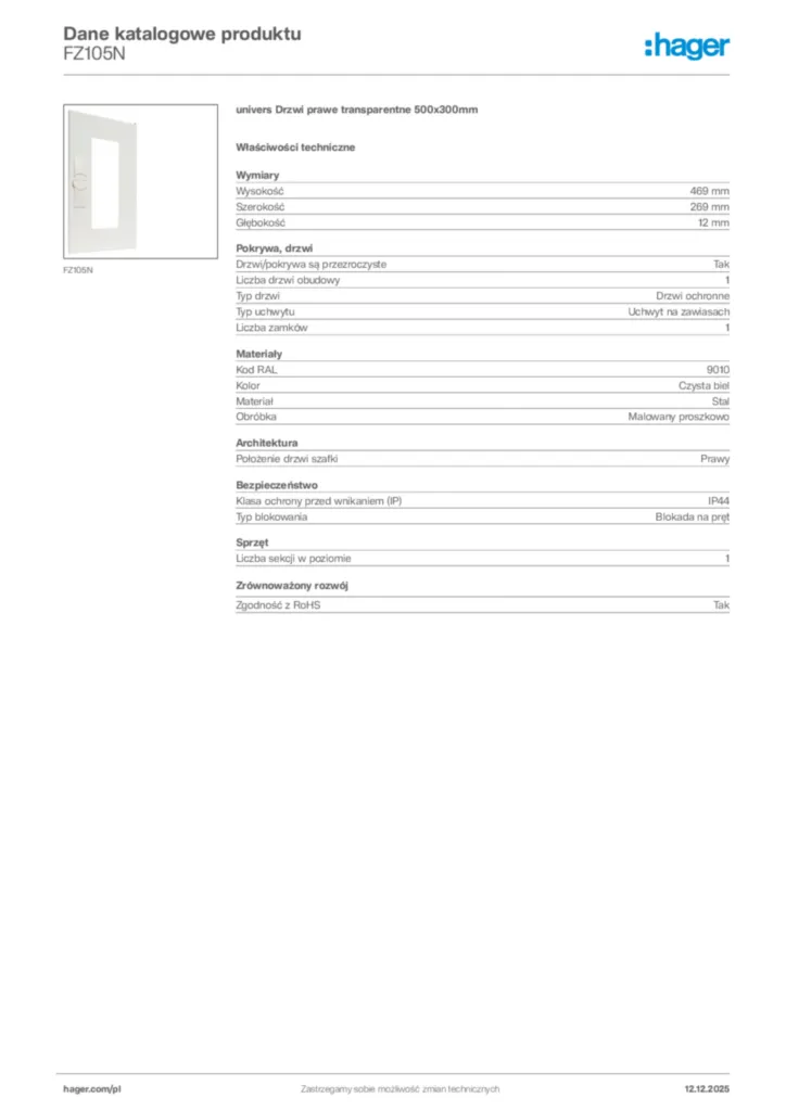 Zdjęcie Hager Dane katalogowe produktu FZ105N | Hager Polska