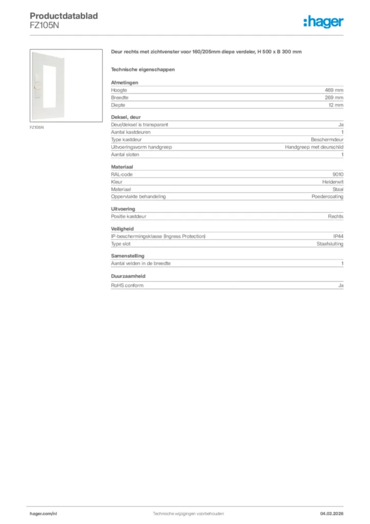 Afbeelding Hager Productdatablad FZ105N | Hager Nederland