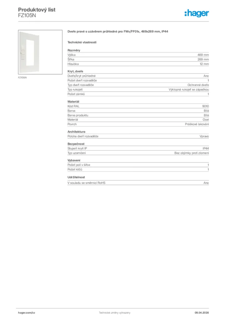 Obrázek Hager Product data sheet FZ105N | Hager