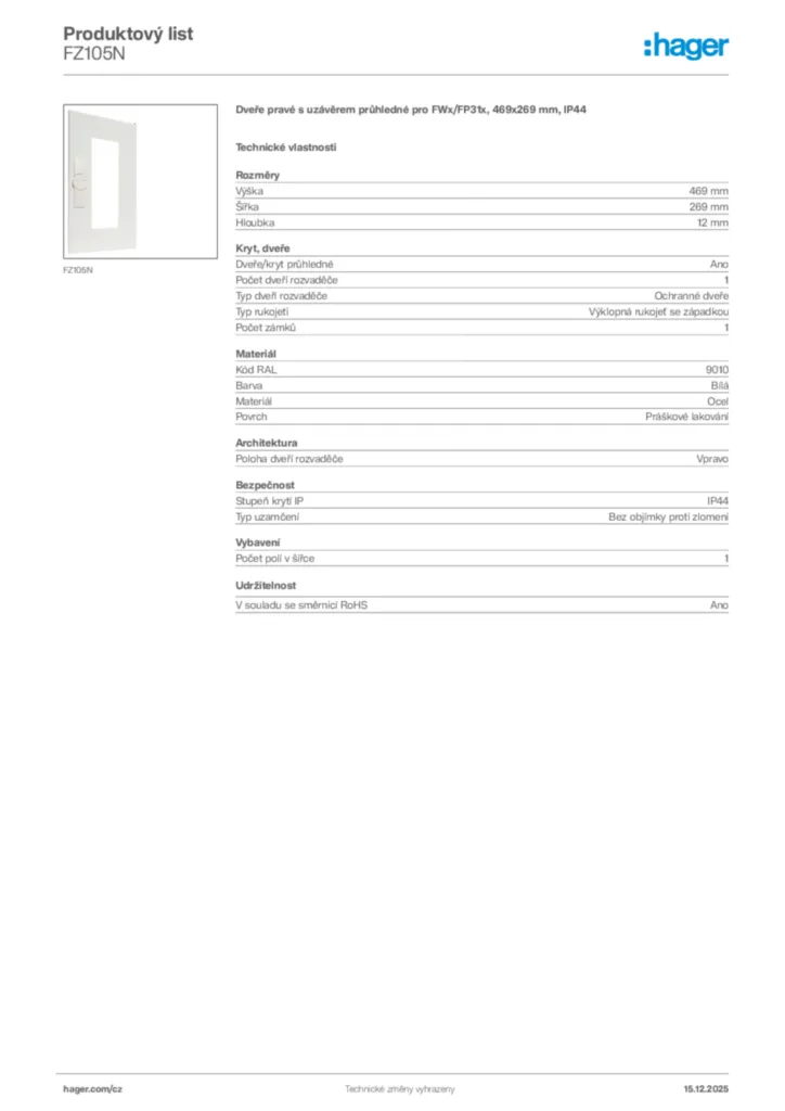 Obrázek Hager Produktový list FZ105N | Hager