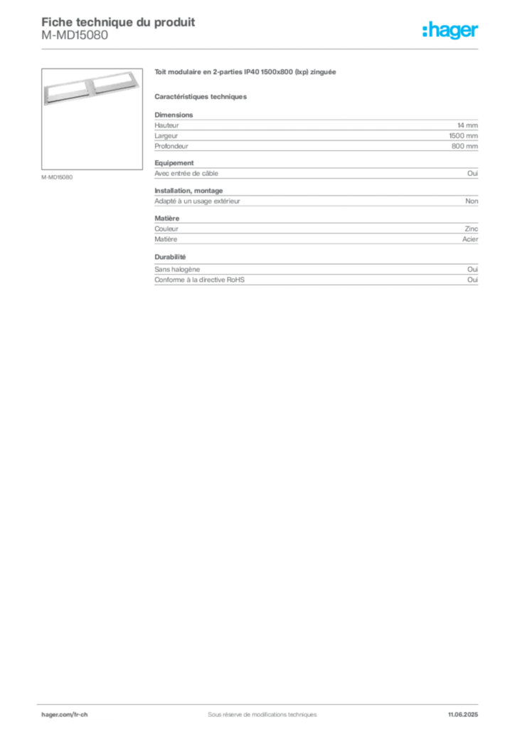 Image Hager Fiche technique du produit M-MD15080 | Hager Suisse